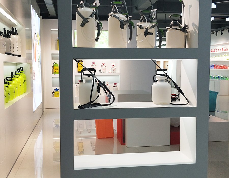 Garden sprayer samples displayed in Rain Garden showroom